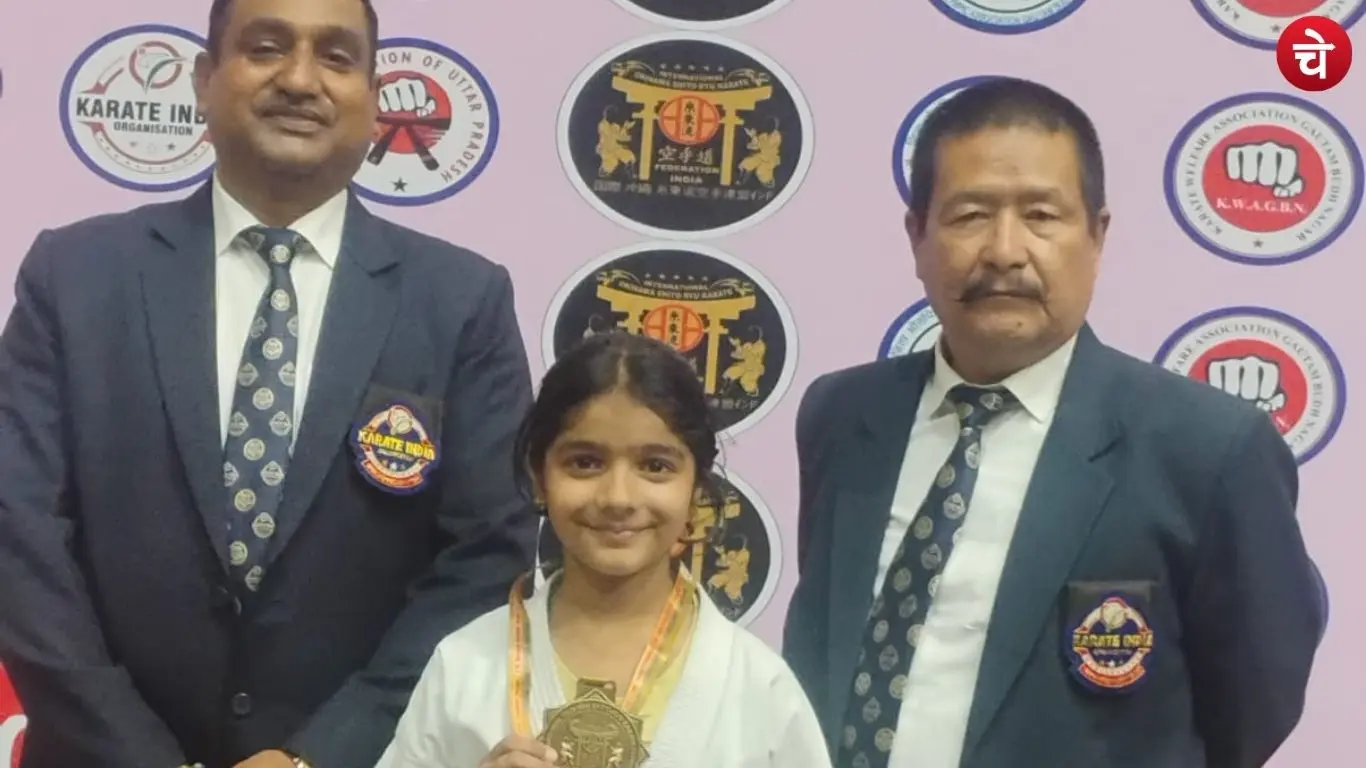 Ashi Sharma, a nine-year-old athlete from Noida, who won a gold medal at the Indo-Nepal Friendship Cup Karate Championship 2026